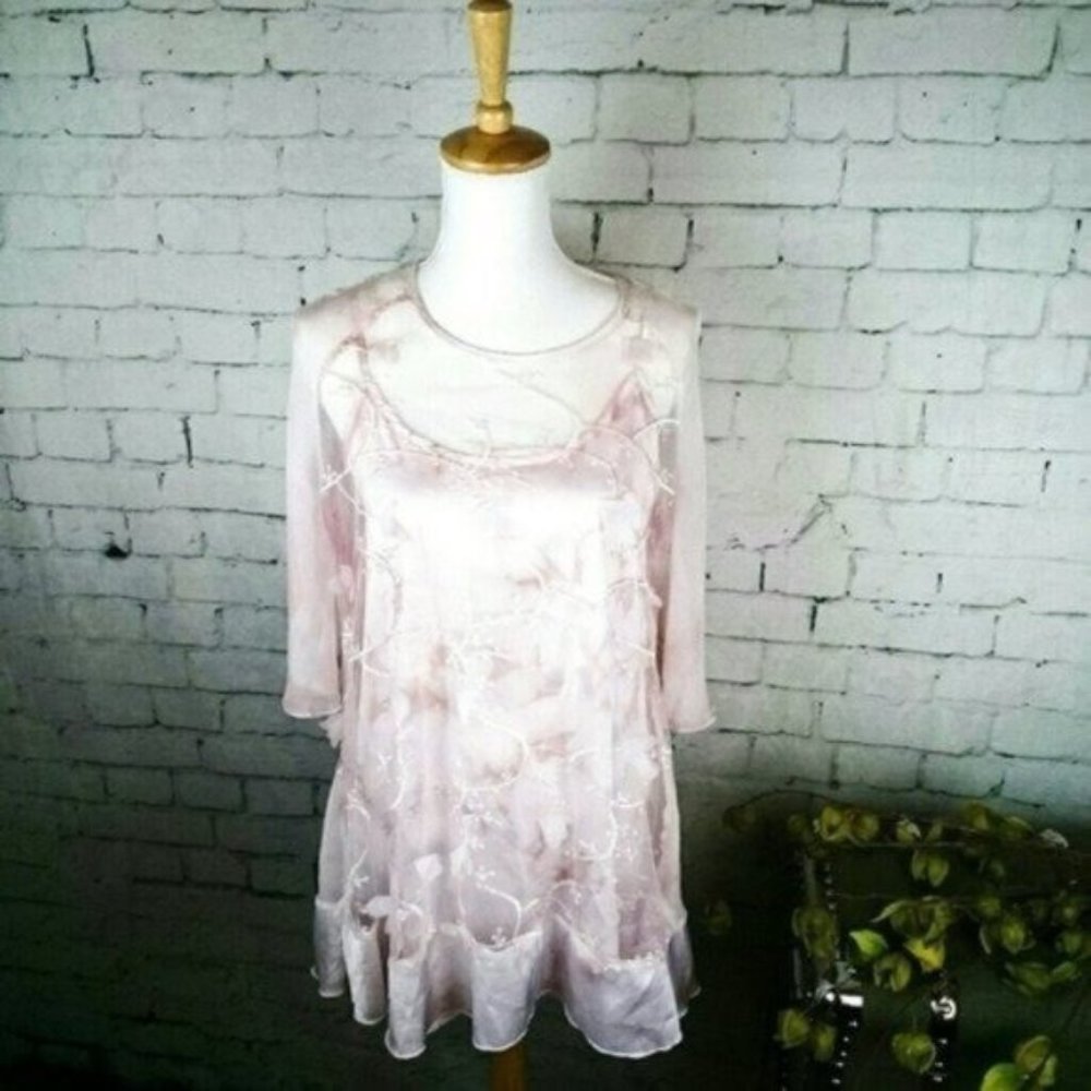 Fleur-de-lis Floral Tie Dye Tunic Top Pink Size Small
